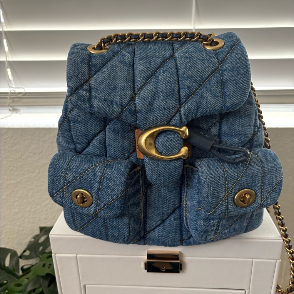 Coach Blue Quilted Backpack with Chain Strap